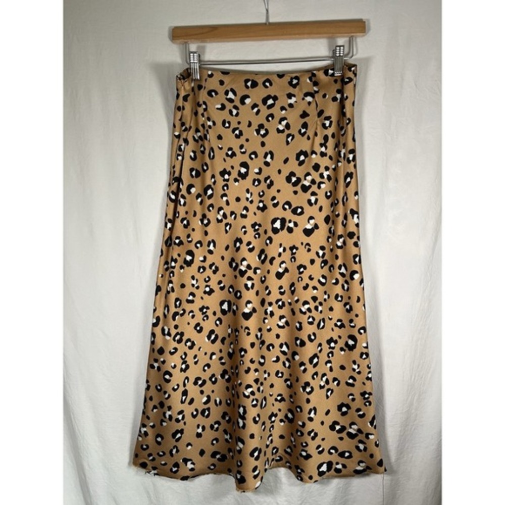 Cheetah Print Brown Satin A line Midi Skirt Bias Cut Size 10 Nasty Girl Y2K